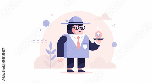 Character in a hat and glasses holds a clock on a tray
