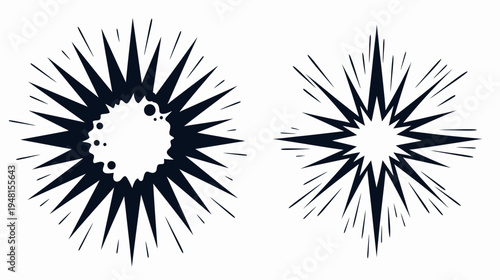 Two cartoon style burst effects; dark blue radial lines emanating from a white center