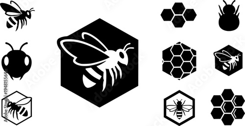 Bee on honeycomb icon set. Flying bee route. Honeybee animal in flat style. Flow honey with bumblebee. Natural food. Vector illustration.
