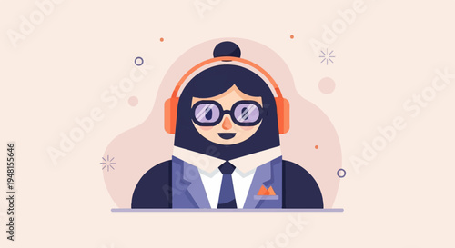 Cartoon person in suit and headphones on simple pastel background