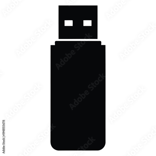 A simple black silhouette icon of a standard usb flash drive isolated on a plain white background