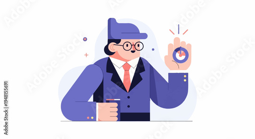 Character in suit holding cup and stopwatch, pink tie