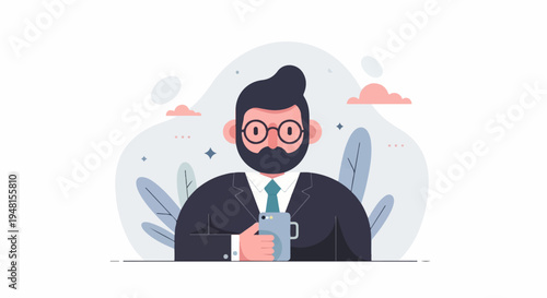 Cartoon man with beard, glasses, suit, holding phone, minimalist background