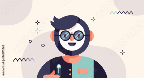Cartoon portrait of a person with glasses and a beard against abstract shapes