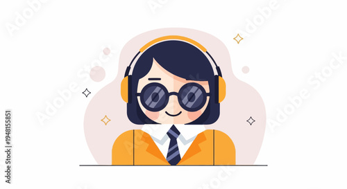 Cartoon person wearing headphones and glasses, smiling