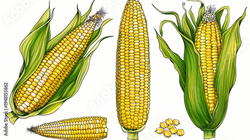 Illustration of corn cobs, kernels, and green leaves in watercolor style. Vivid colors and details