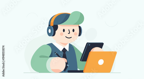 Cartoon person wearing headphones, cap, drawing on tablet with laptop