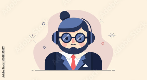 Cartoon man with bun, beard, glasses, and headphones in suit