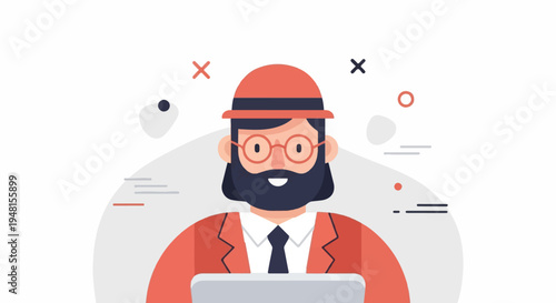 Cartoon person with beard, glasses, hat, and jacket using a laptop