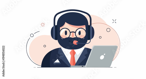 Cartoon man in suit with headphones and laptop, abstract shapes