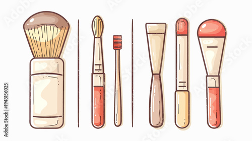 Set of makeup brushes illustrated in a clean, hand-drawn, cartoon style. Variety of shapes and sizes