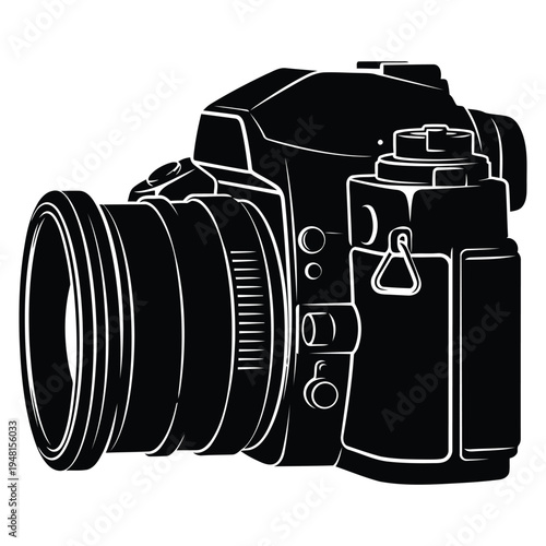 A minimalist black and white graphic illustration of a modern digital single lens reflex camera