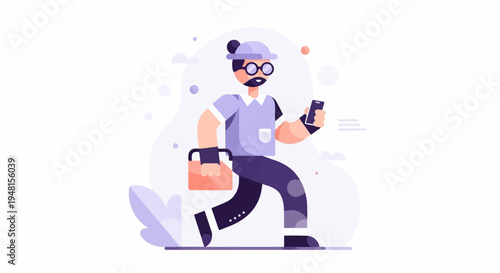 Cartoon man with glasses, mustache, and bun hairstyle walks, holding a phone and bag