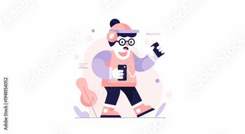 Cartoon person with headphones and phone, walking and holding object