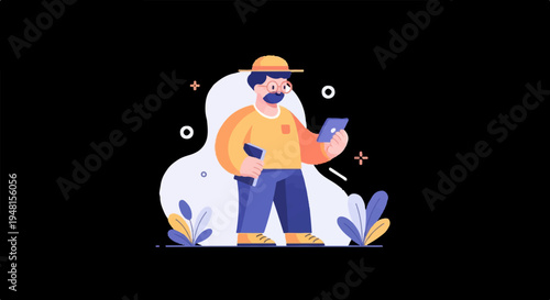 Cartoon man with hat and glasses holding tablet and book