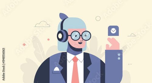 Cartoon professional with headphones, glasses, and tie, holding an icon
