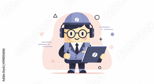 Cartoon professional wearing hard hat, headphones, and holding a tablet