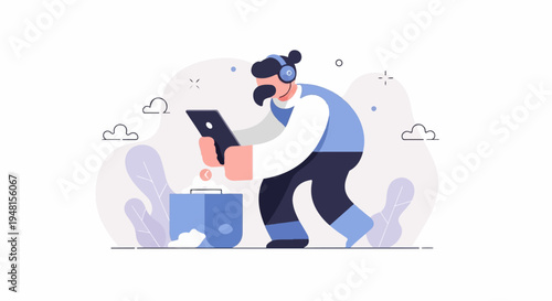 Cartoon person with headphones and tablet interacting with a device