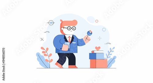 Cartoon man in suit with glasses holding a pipette and a glass, surrounded by abstract elements and plants