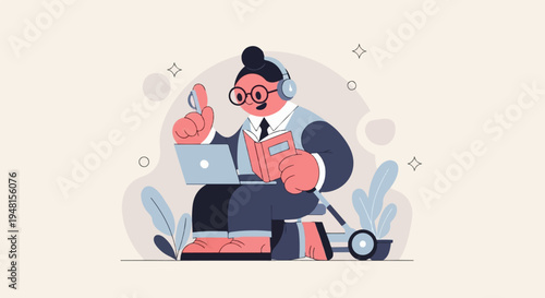 Cartoon person with headphones, glasses, reading a book, near laptop