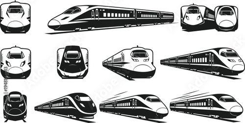 Black-and-white vector illustration of twelve high-speed trains in multiple angles, symbolizing bullet train, rapid transit, futuristic transport, and modern design themes