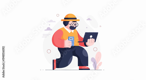 Cartoon man with hat, glasses, and mustache holding phone and laptop