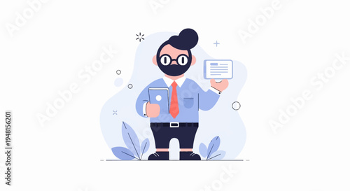 Cartoon man in suit holding tablet and card, stylized plants background