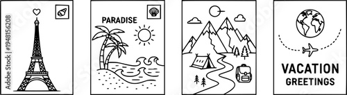 Travel postcards: paris, paradise beach, mountain adventure, vacation greetings
