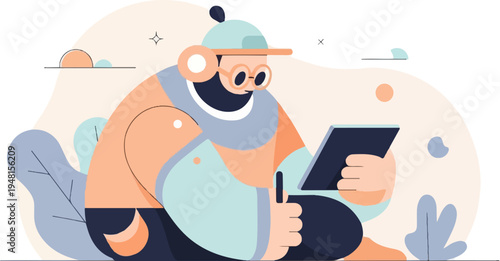 Cartoon person with tablet and stylus sits outdoors with stylized plants