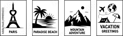Travel postcards: paris, paradise beach, mountain adventure, vacation greetings
