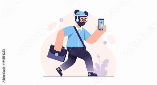 Cartoon man with headphones, glasses, carrying briefcase, on phone
