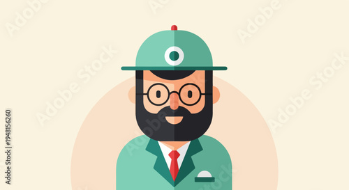 Cartoon portrait of a bearded man wearing a hat, glasses, and suit