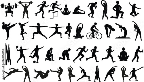 Large collection of black silhouettes featuring people engaged in various sports fitness yoga gym exercises and outdoor activities for healthy lifestyle design projects