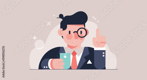 Cartoon man in suit holding phone and raising finger