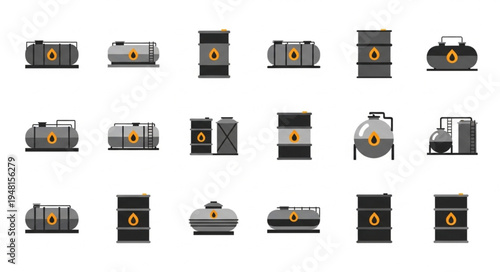 Collection of Oil Storage Tanks and Barrels in Various Styles.
