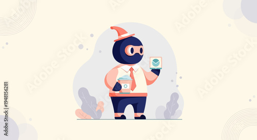 Cartoon ninja in business attire holding a coffee and a tablet
