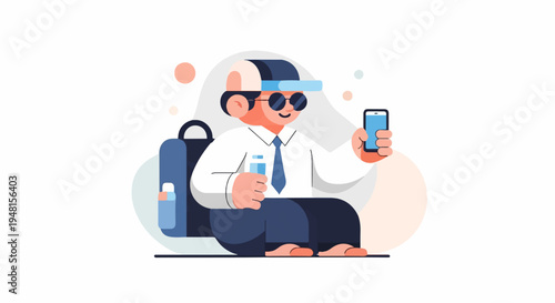 Cartoon person in cap and glasses holding phone and bottle