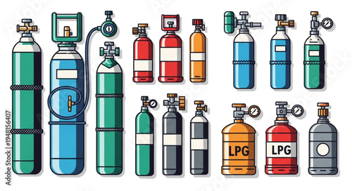 Various Gas Cylinders - Oxygen, LPG, and Industrial Gases.