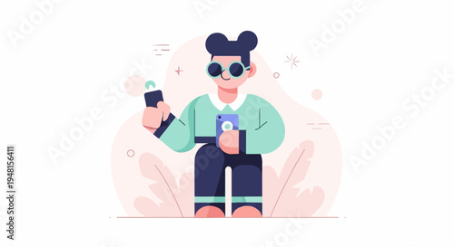 Cartoon person holding two phones, one for selfie