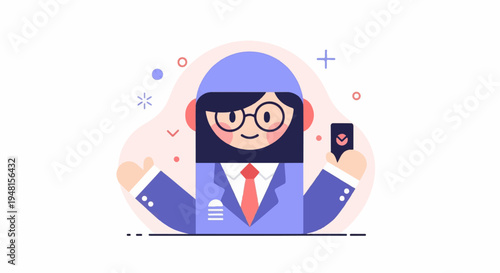 Cartoon person in a suit with glasses and a headscarf holding a phone