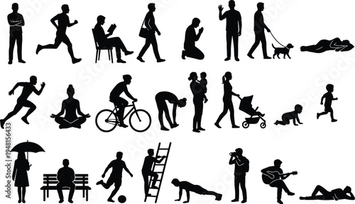 Large collection of black silhouettes featuring people running cycling walking dogs pushing strollers and practicing yoga for diverse lifestyle and family design projects