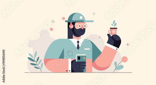 Cartoon person in a hat, holding a phone and a small cup with plant