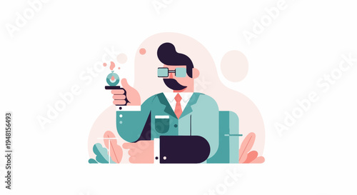 Cartoon man in suit and glasses, holding a potion