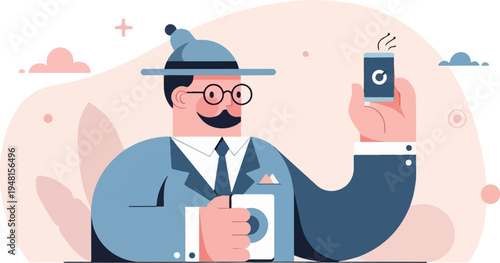 Cartoon man in suit and hat holds phone and camera, abstract background