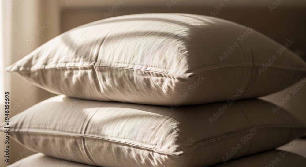 Naklejka premium Soft Beige Cushions Stacked Comfortably Indoors with Natural Light.