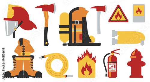 Firefighter Equipment and Rescue Tools Icon Set on White Background