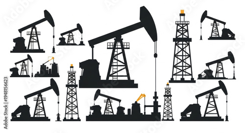 Silhouette of Oil Rigs and Derricks - Extracting Resources from the Earth.