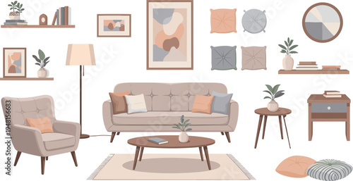 Modern Living Room Furniture Collection with Mid Century Sofa Armchair Coffee Table Shelves and Home Decor Vector Illustration Set (20 words)