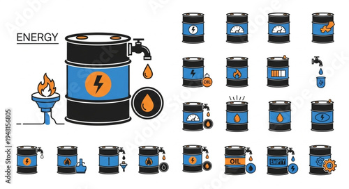 Energy Sources - Oil Barrel and Alternative Energy Icons.
