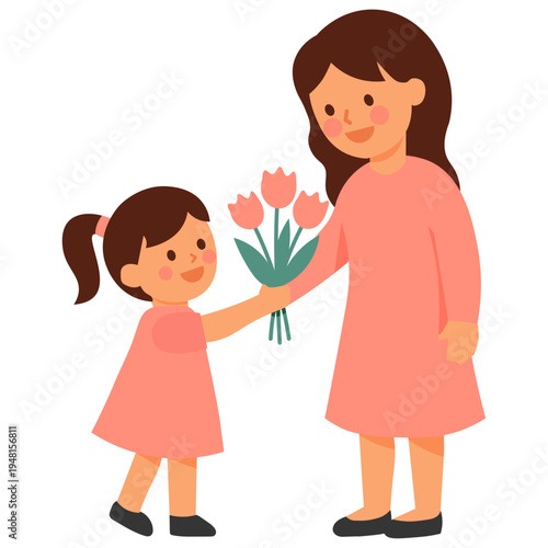 Cute Daughter Giving Flowers to Mom Mothers Day Cartoon Vector